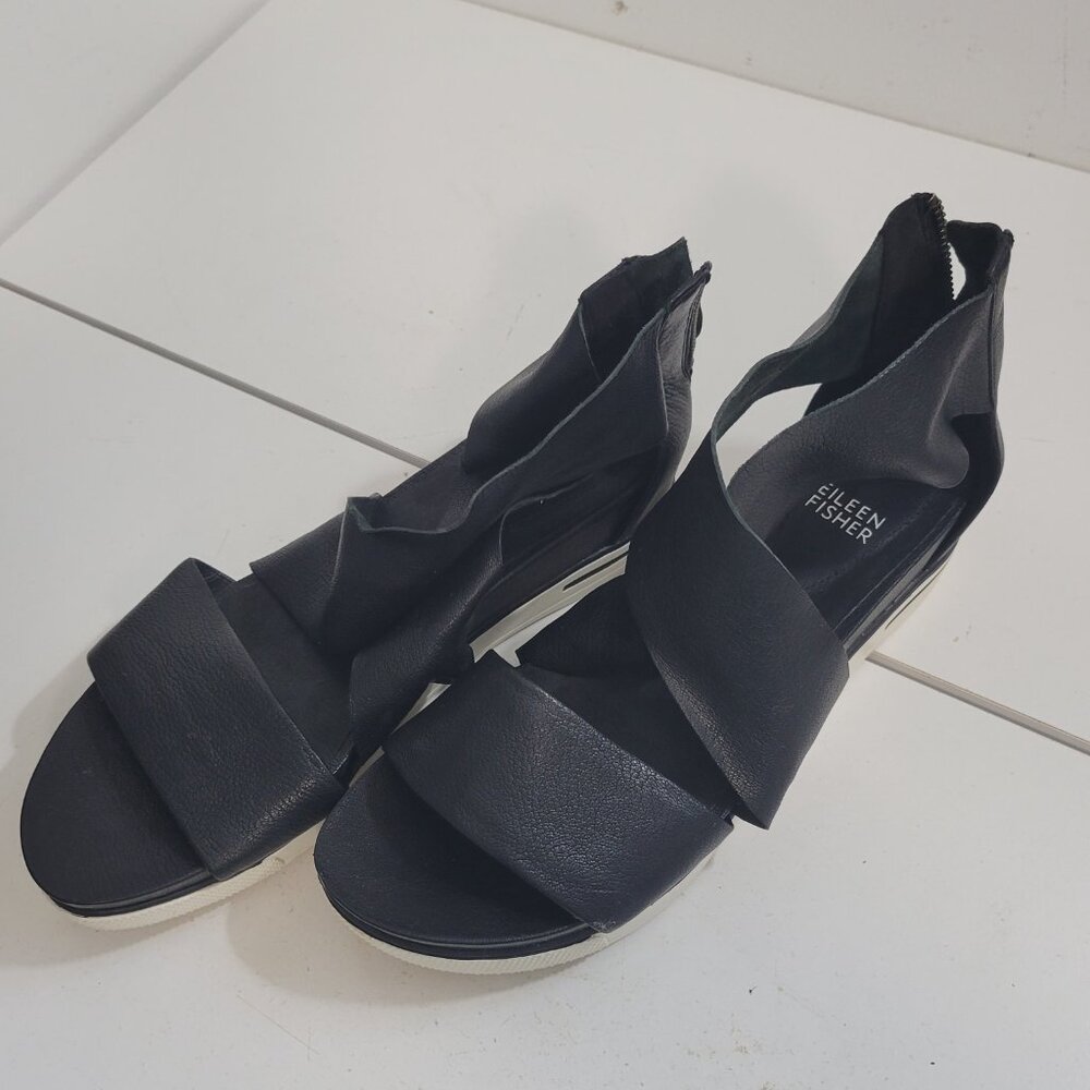 Eileen Fisher Black Leather Open Toe Zipper Back Shoes Size 8 - Picture 3 of 11